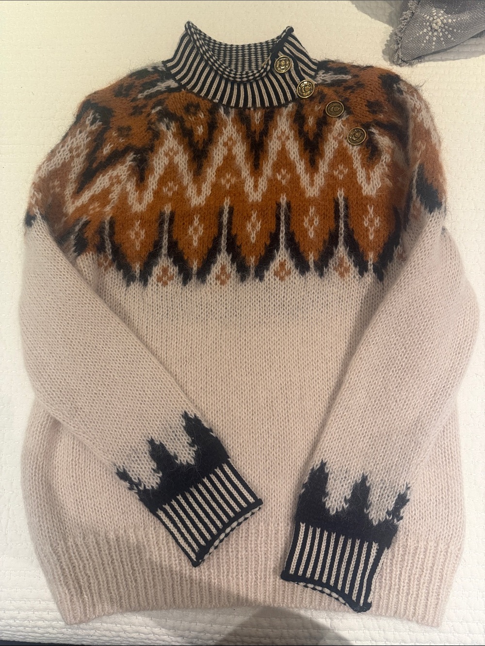 Coach Pink Cream Brown Fair Isle Turtleneck Sweater with Gold Buttons